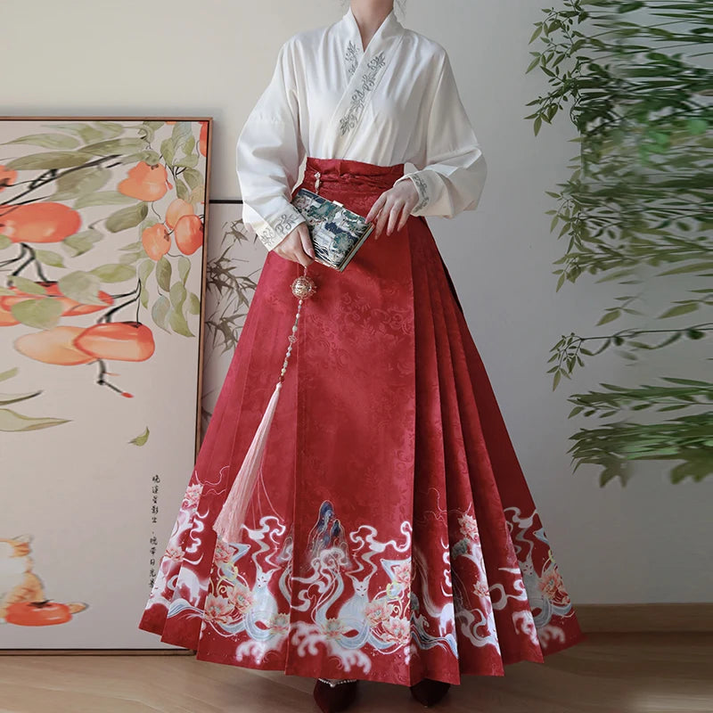 XL Traditional Daily Hanfu Women's Chinese Style Suit Embroidery Sleeve Horse-face Pleated Skirt Fashion Street Wear Clothing