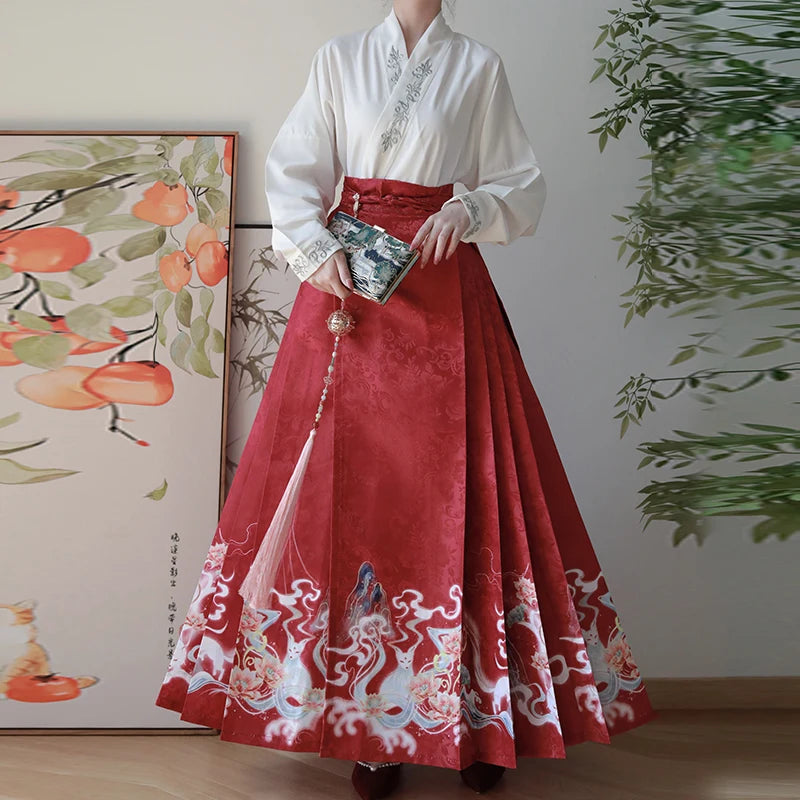 Ensemble Hanfu traditionnel quotidien pour femmes, style chinois XL, costume avec manches brodées et jupe plissée à queue de cheval, vêtement de mode streetwear